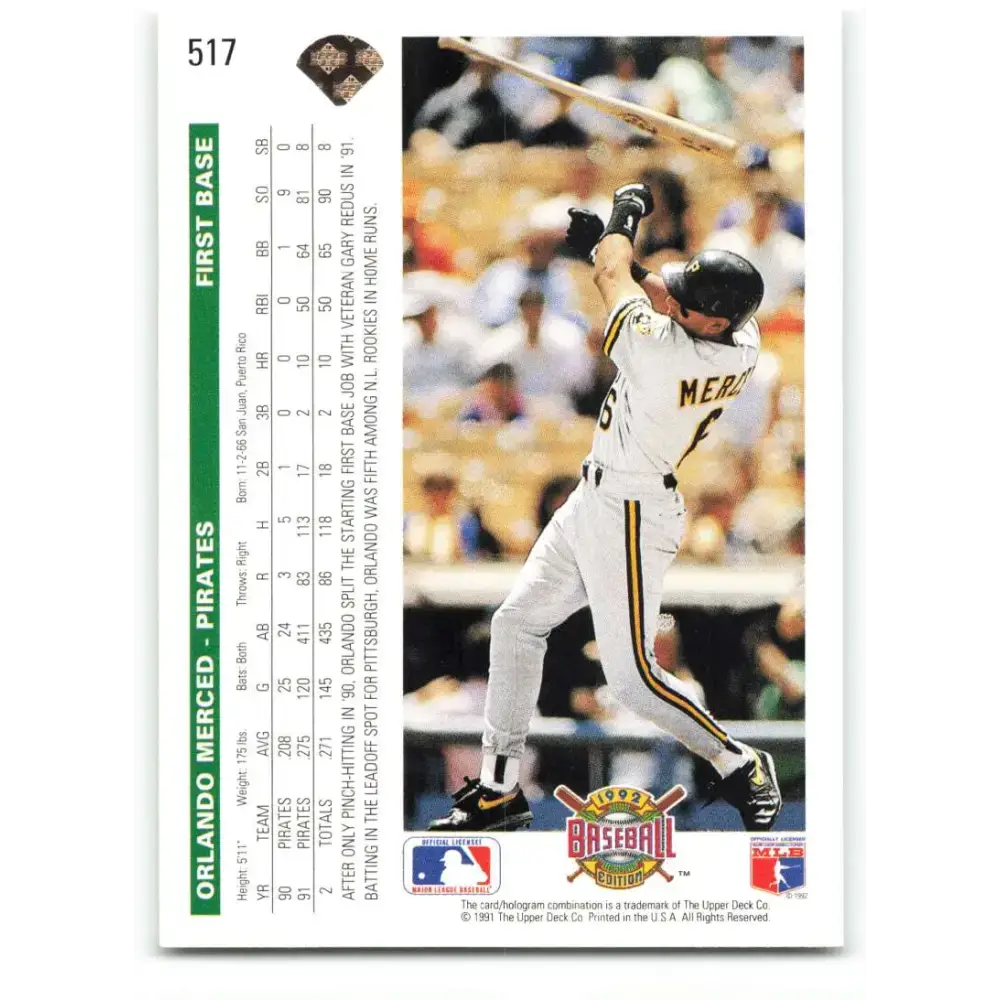 1992 Upper Deck #517 Orlando Merced NM-MT Pittsburgh Pirates Baseball Card - Baseball Card Single