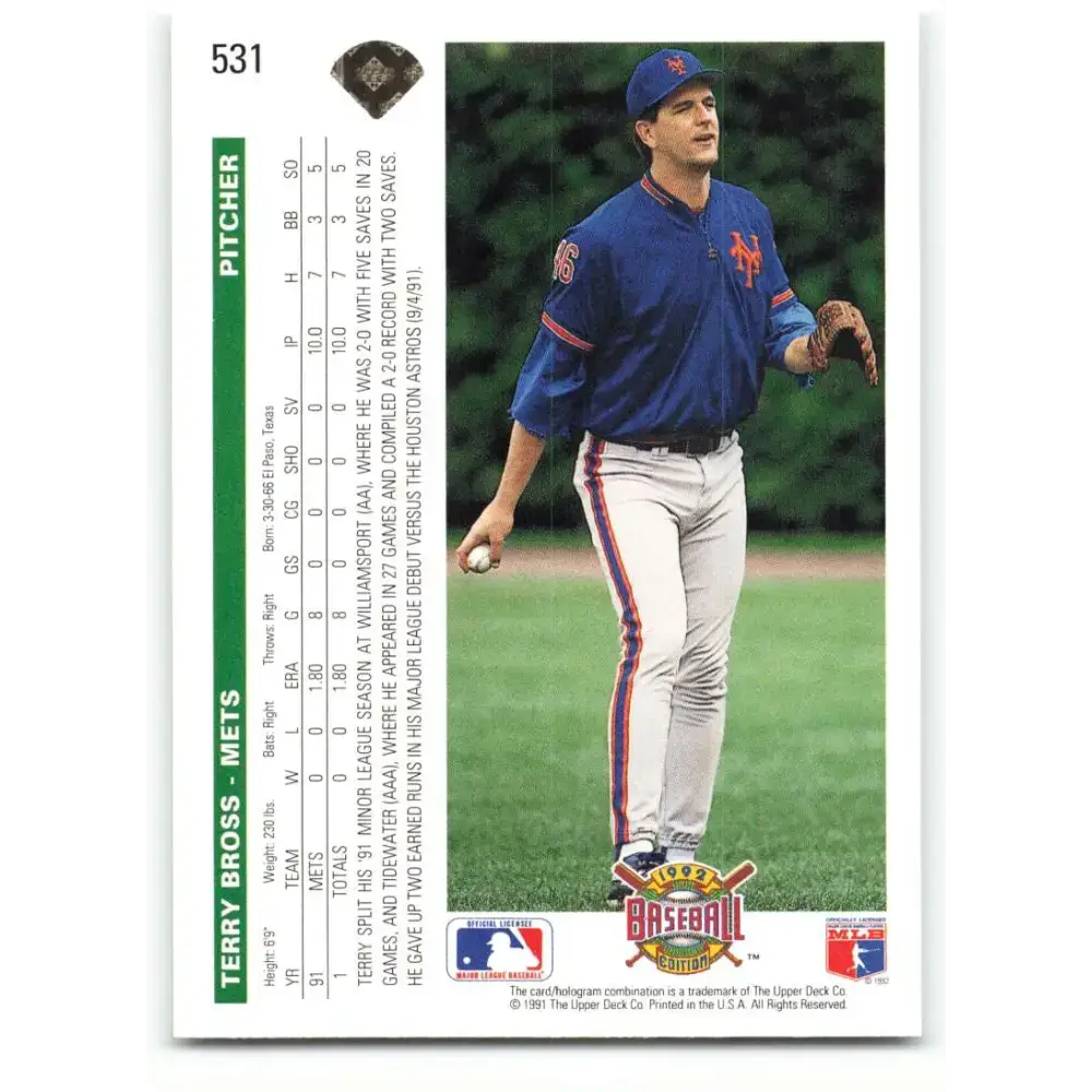 1992 Upper Deck #531 Terry Bross NM-MT New York Mets Baseball Card - Baseball Card Single