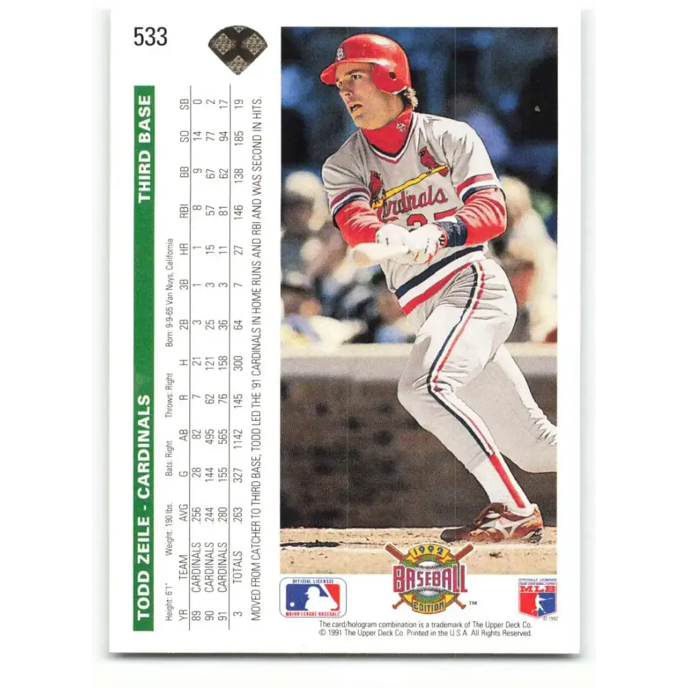 1992 Upper Deck #533 Todd Zeile NM-MT St. Louis Cardinals Baseball Card - Baseball Card Single