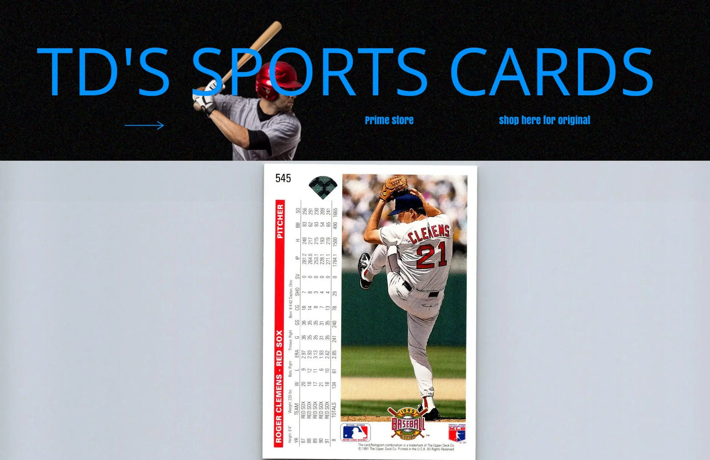 Baseball card featuring Roger Clemens from 1992 Upper Deck series