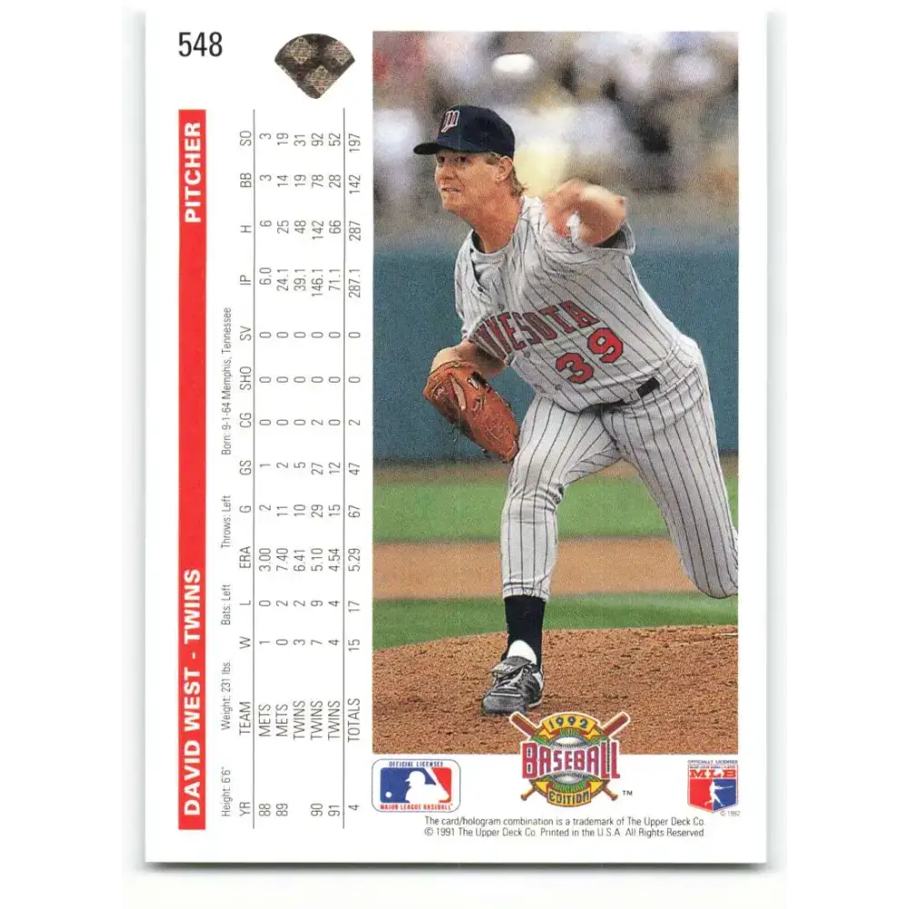 1992 Upper Deck #548 David West NM-MT Minnesota Twins Baseball Card - Baseball Card Single