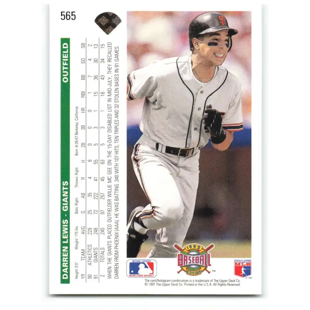 1992 Upper Deck #565 Darren Lewis NM-MT San Francisco Giants Baseball Card - Baseball Card Single