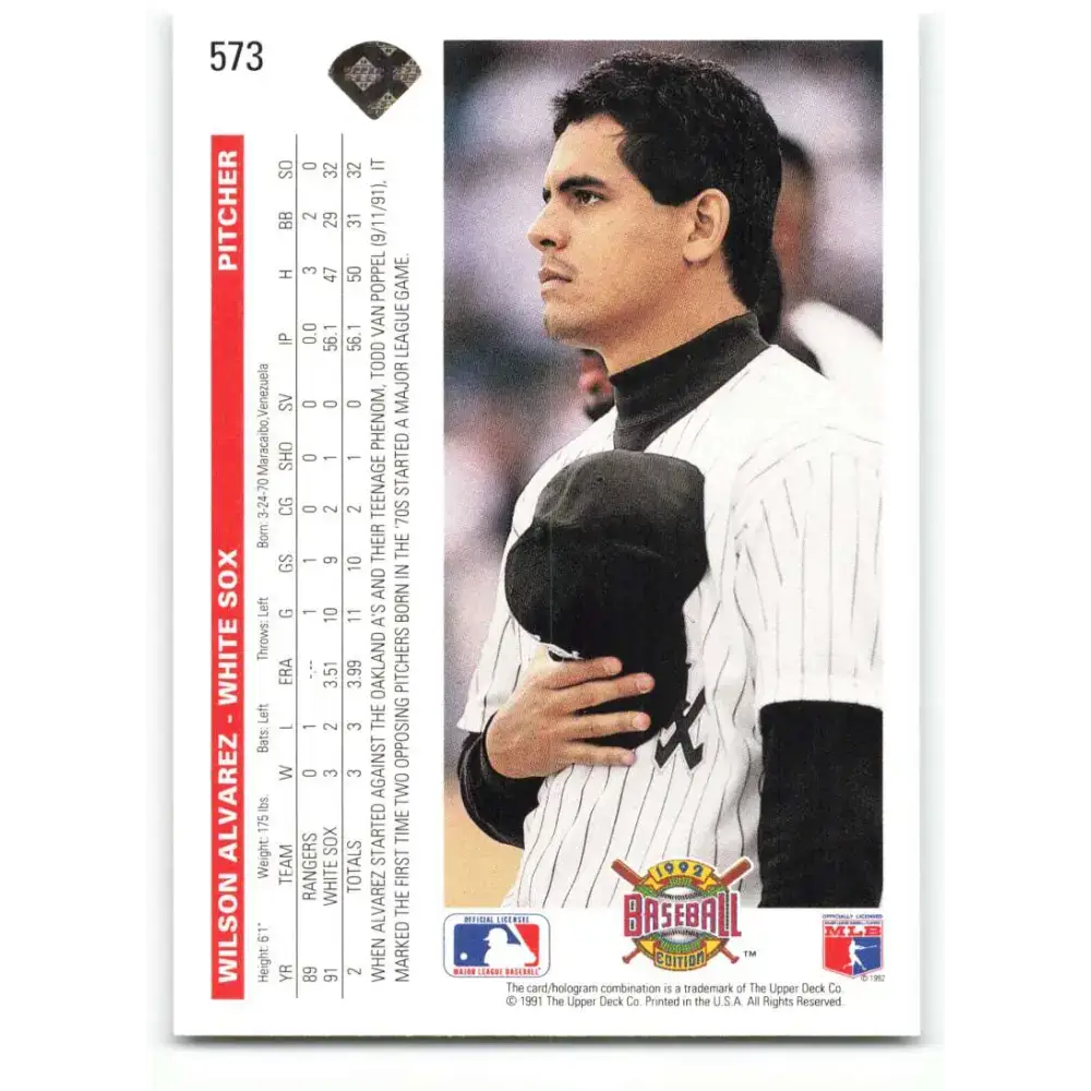 1992 Upper Deck #573 Wilson Alvarez NM-MT Chicago White Sox Baseball Card - Baseball Card Single