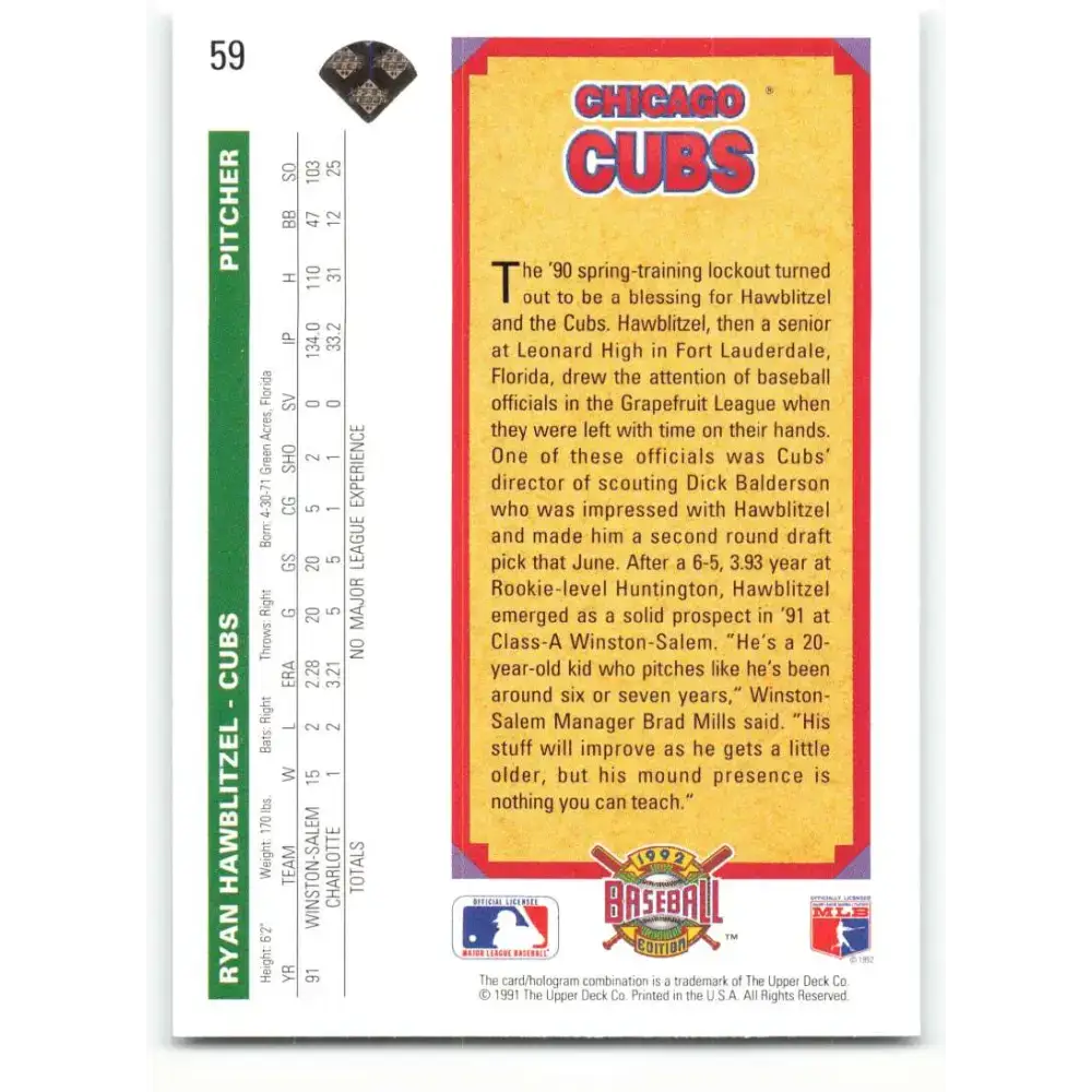 1992 Upper Deck #59 Ryan Hawblitzel NM-MT RC Rookie Chicago Cubs Baseball Card - Baseball Card Single
