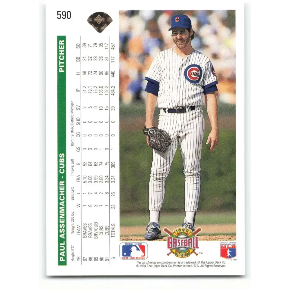 1992 Upper Deck #590 Paul Assenmacher NM-MT Chicago Cubs Baseball Card - Baseball Card Single