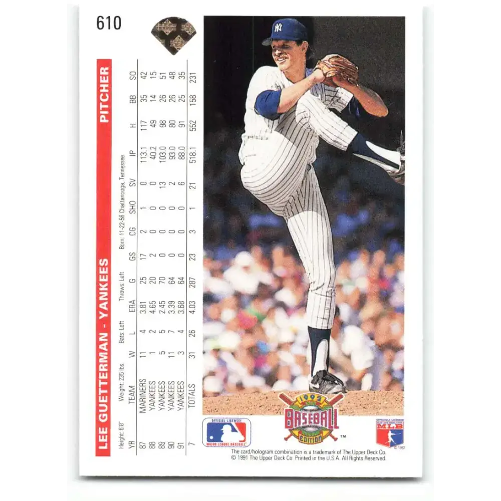 1992 Upper Deck #610 Lee Guetterman NM-MT New York Yankees Baseball Card - Baseball Card Single
