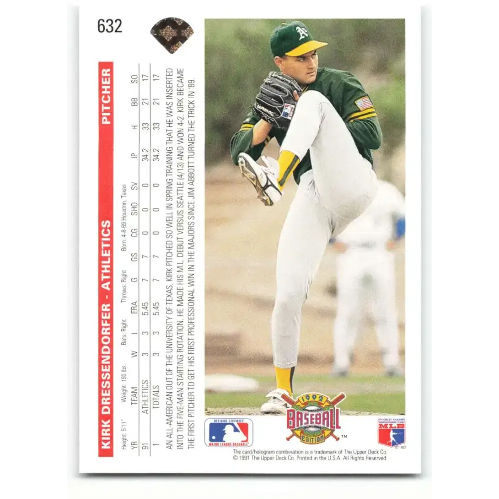 1992 Upper Deck #632 Kirk Dressendorfer NM-MT Oakland Athletics Baseball Card - Baseball Card Single
