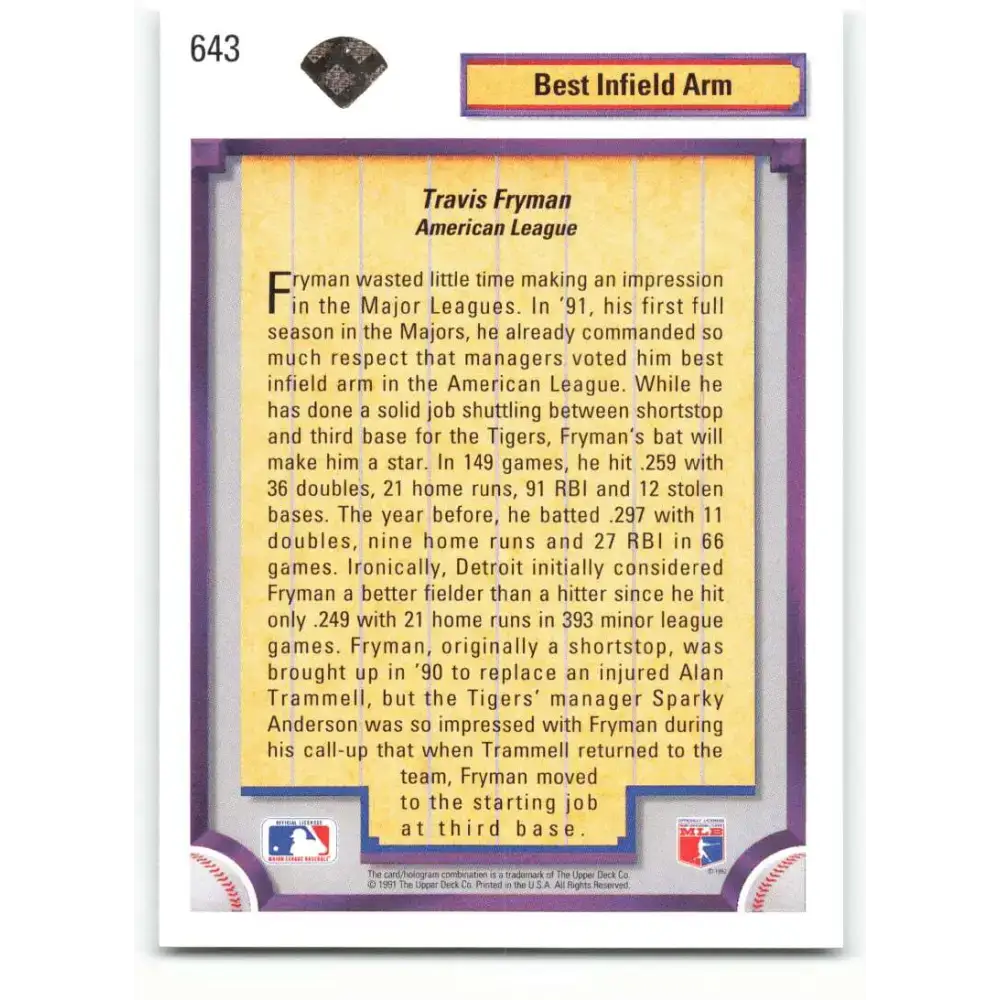 1992 Upper Deck #643 Travis Fryman DS NM-MT Detroit Tigers Baseball Card - Baseball Card Single