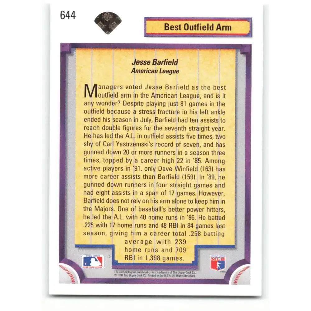 1992 Upper Deck #644 Jesse Barfield DS NM-MT New York Yankees Baseball Card - Baseball Card Single
