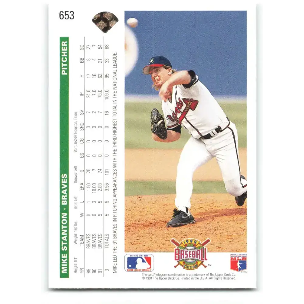 1992 Upper Deck #653 Mike Stanton NM-MT Atlanta Braves Baseball Card - Baseball Card Single