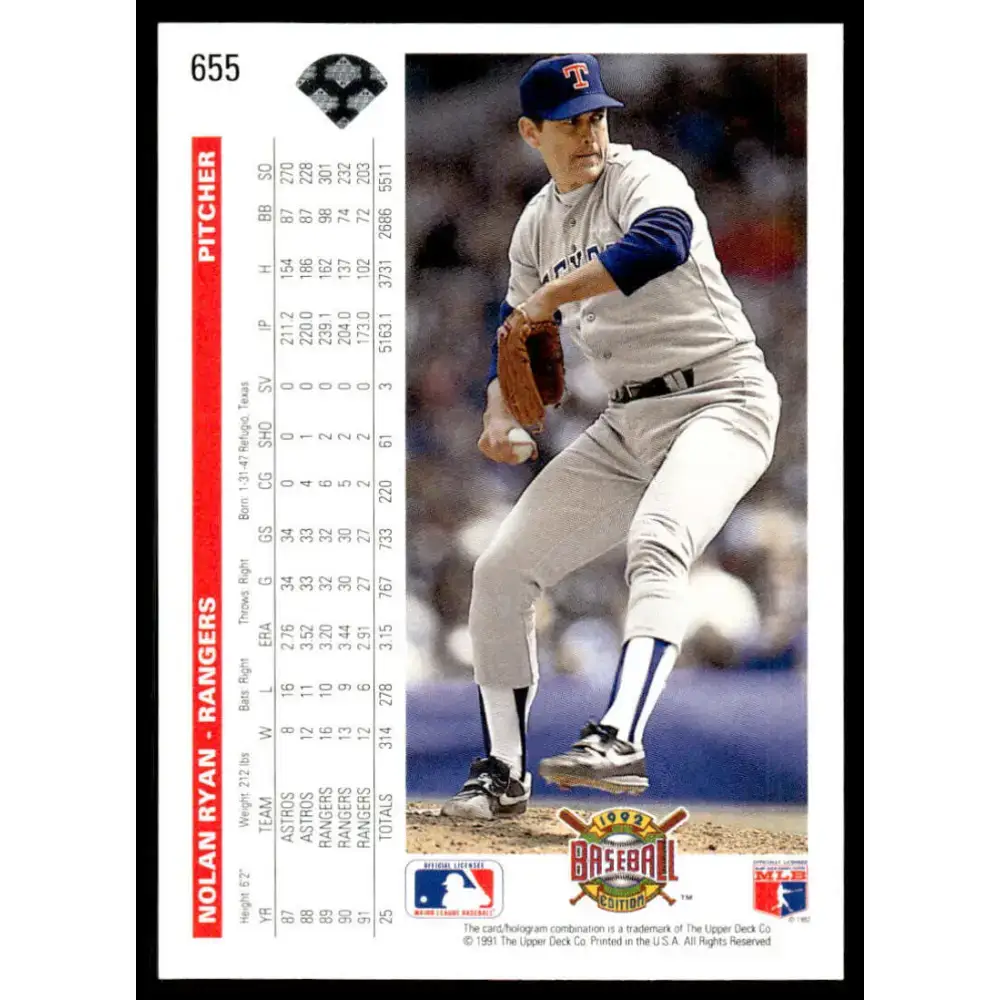 1992 Upper Deck #655 Nolan Ryan EX/NM Texas Rangers Baseball Card - Baseball Card Single