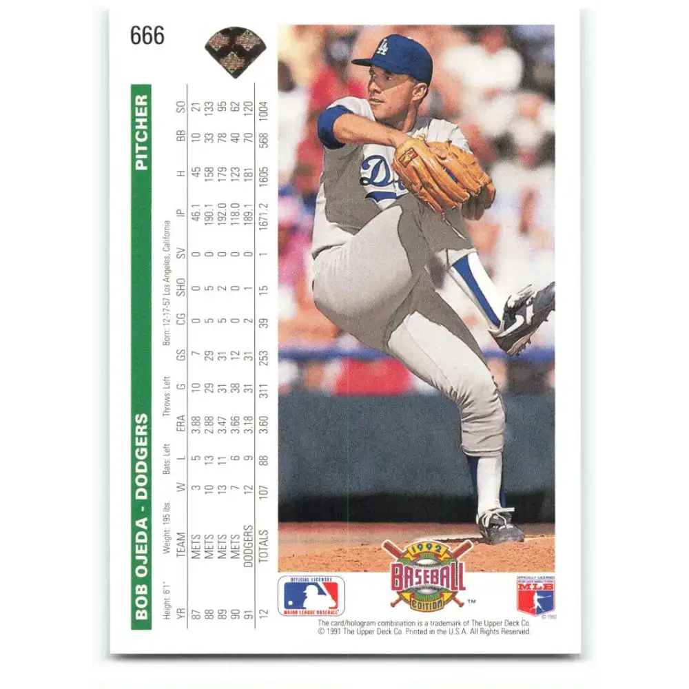 1992 Upper Deck #666 Bob Ojeda NM-MT Los Angeles Dodgers Baseball Card - Baseball Card Single