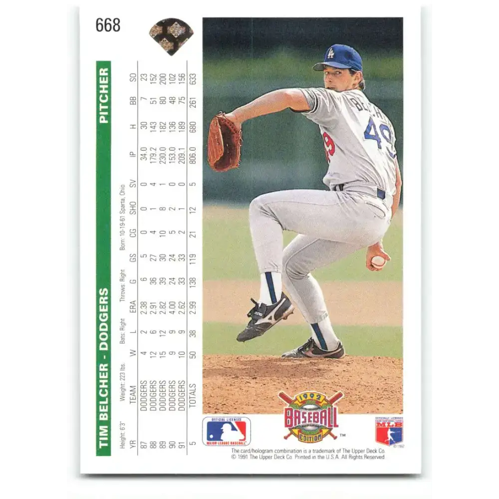 1992 Upper Deck #668 Tim Belcher NM-MT Los Angeles Dodgers Baseball Card - Baseball Card Single
