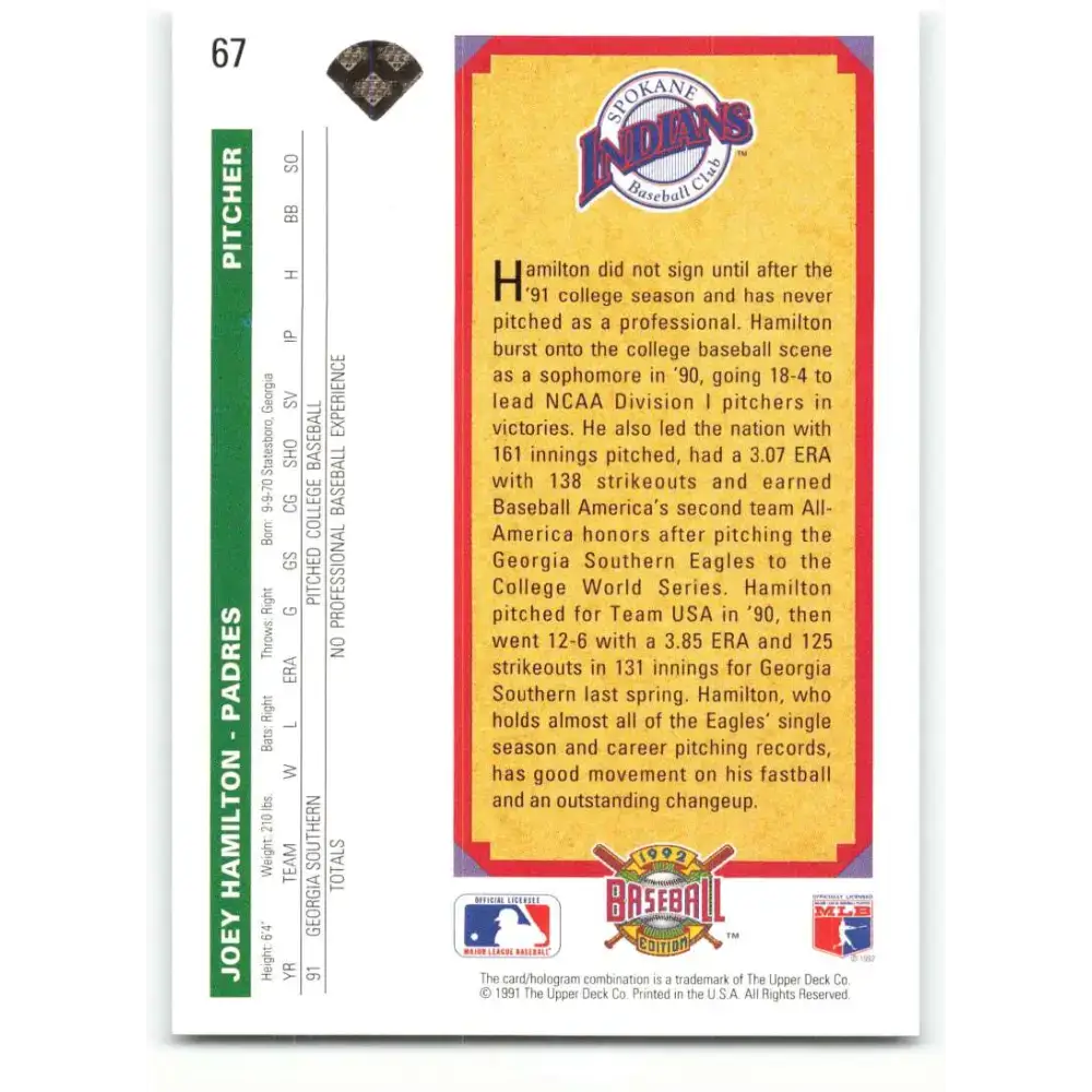 1992 Upper Deck #67 Joey Hamilton NM-MT RC Rookie San Diego Padres Baseball Card - Baseball Card Single