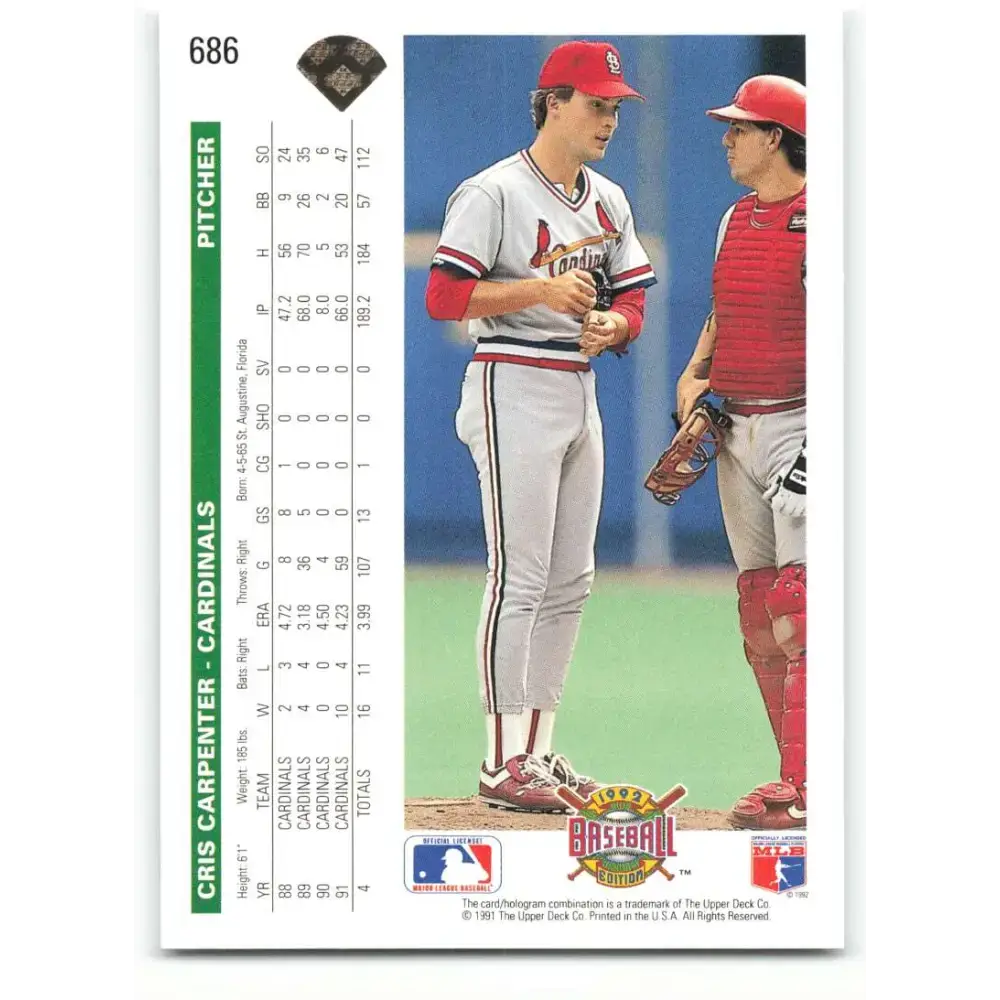 1992 Upper Deck #686 Cris Carpenter NM-MT St. Louis Cardinals Baseball Card - Baseball Card Single