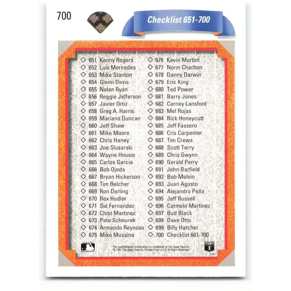 1992 Upper Deck #700 Checklist 601-700 NM-MT Checklist Baseball Card - Baseball Card Single