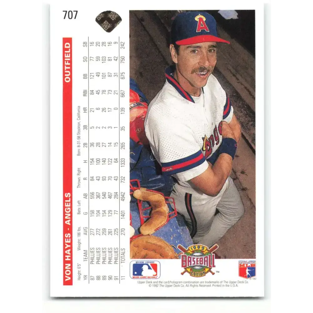 1992 Upper Deck #707 Von Hayes NM-MT California Angels Baseball Card - Baseball Card Single