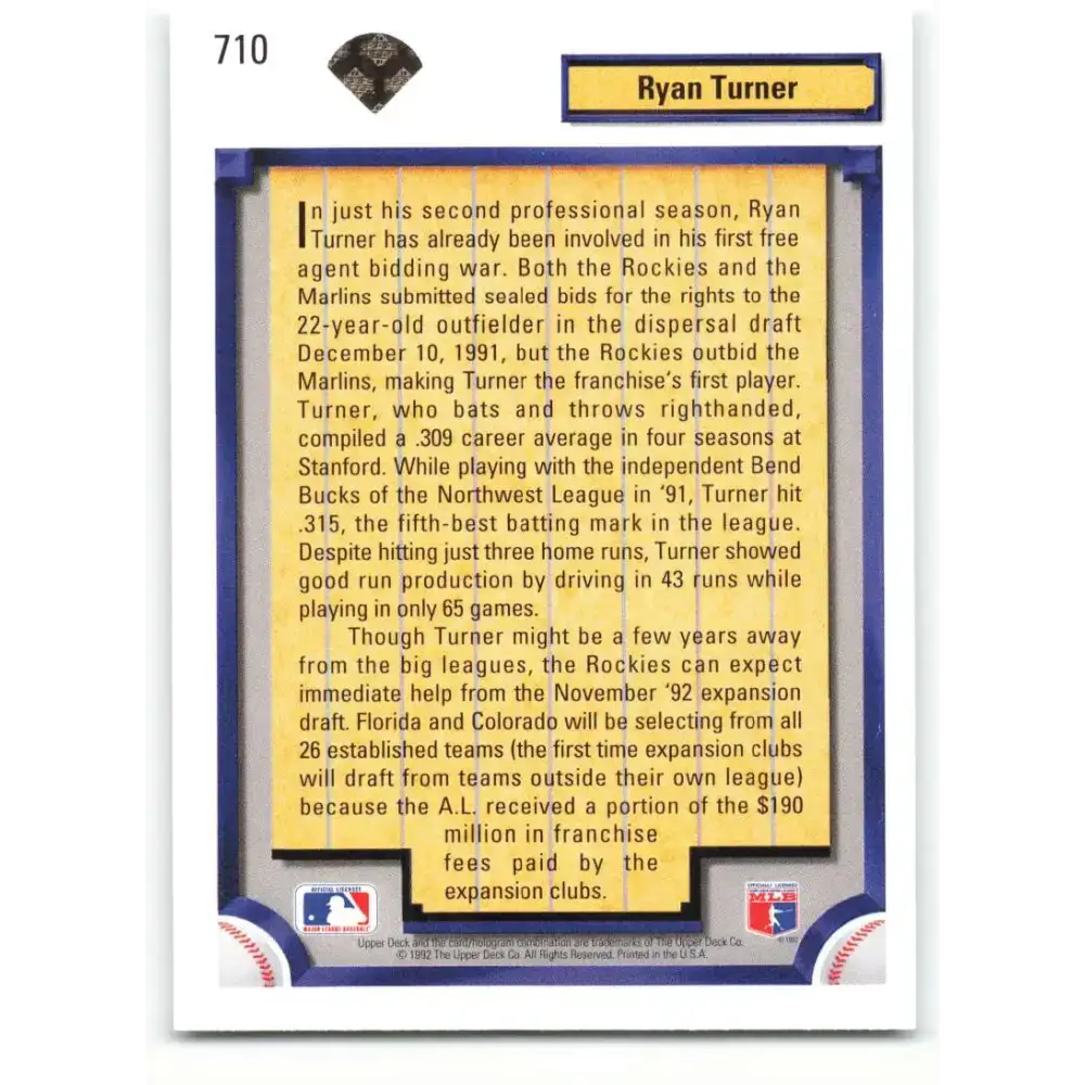 1992 Upper Deck #710 Ryan Turner NM-MT RC Rookie Colorado Rockies Baseball Card - Baseball Card Single