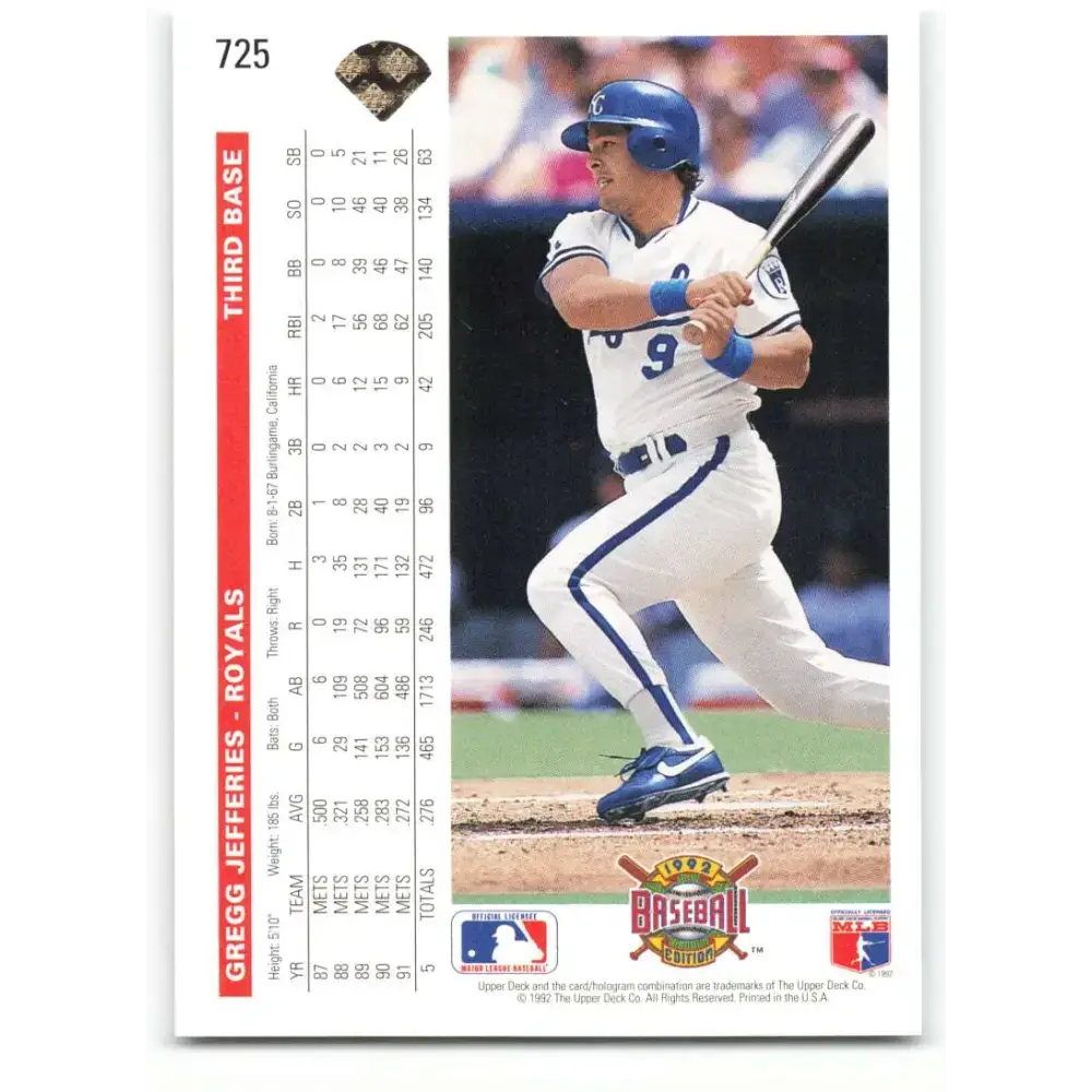 1992 Upper Deck #725 Gregg Jefferies NM-MT Kansas City Royals Baseball Card - Baseball Card Single