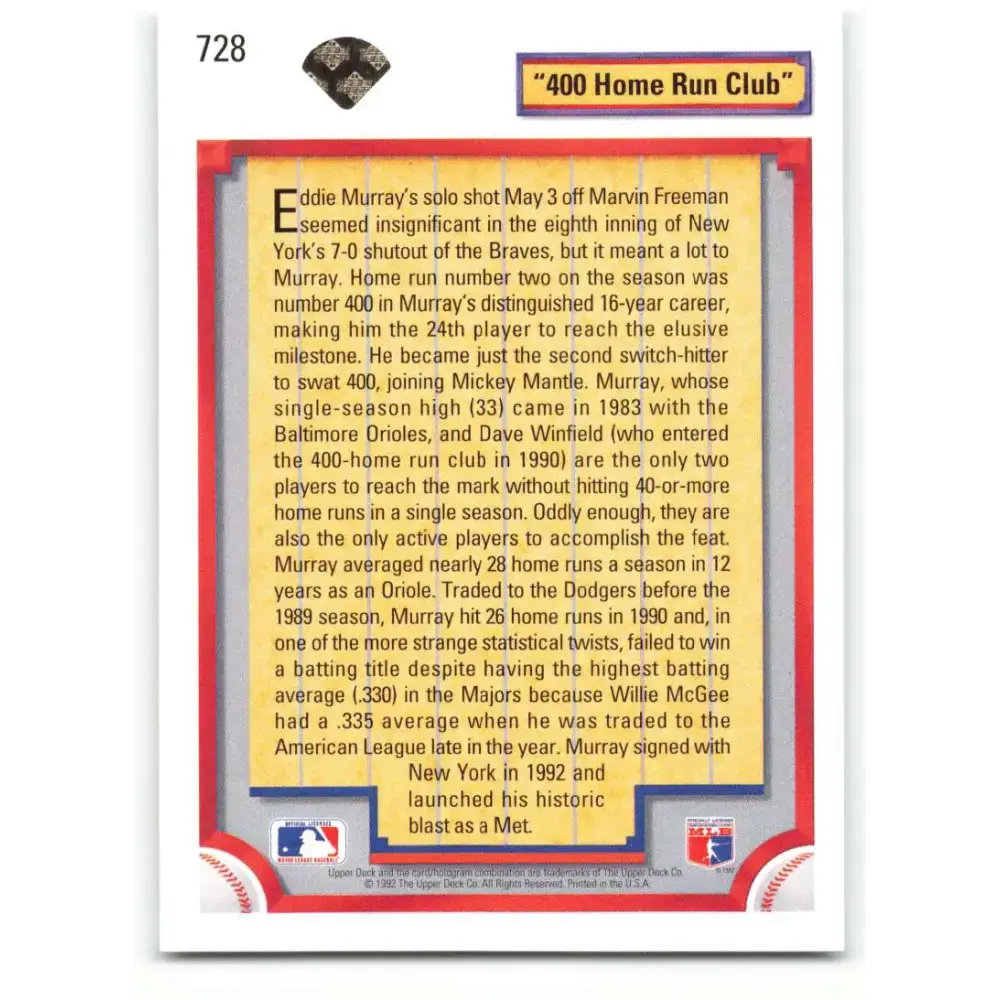 1992 Upper Deck #728 Eddie Murray 400 HR NM-MT New York Mets Baseball Card - Baseball Card Single
