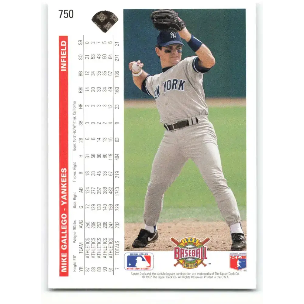 1992 Upper Deck #750 Mike Gallego NM-MT New York Yankees Baseball Card - Baseball Card Single
