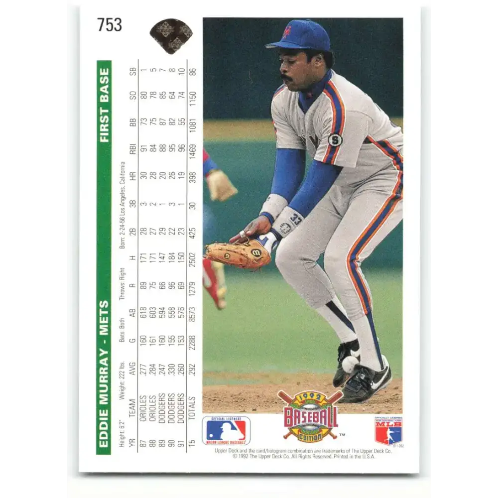 1992 Upper Deck #753 Eddie Murray NM-MT New York Mets Baseball Card - Baseball Card Single