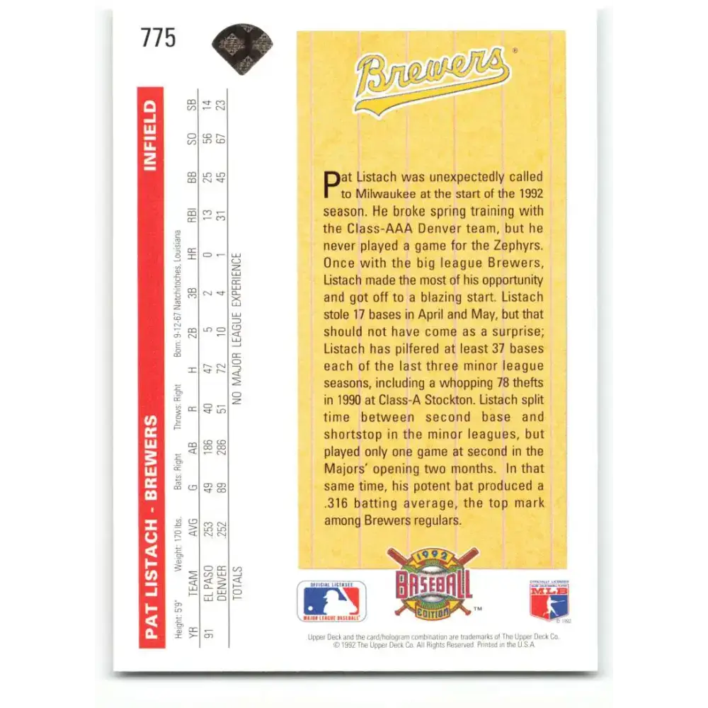 1992 Upper Deck #775 Pat Listach NM-MT RC Rookie Milwaukee Brewers Baseball Card - Baseball Card Single