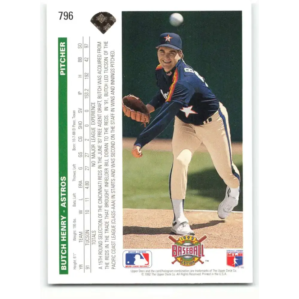1992 Upper Deck #796 Butch Henry NM-MT RC Rookie Houston Astros Baseball Card - Baseball Card Single