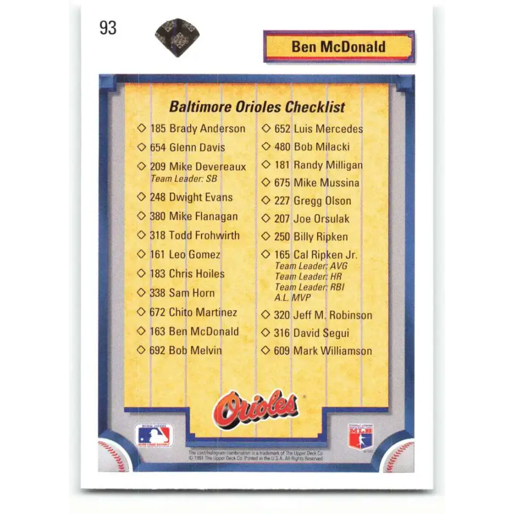 1992 Upper Deck #93 Ben McDonald TC NM-MT Baltimore Orioles Baseball Card - Baseball Card Single