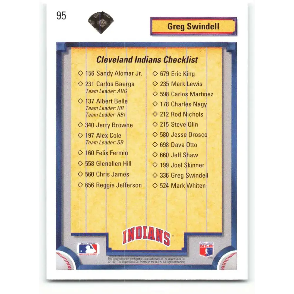 1992 Upper Deck #95 Greg Swindell TC NM-MT Cleveland Indians Baseball Card - Baseball Card Single