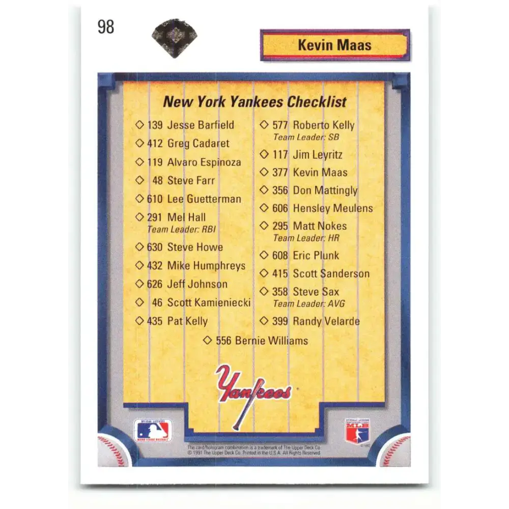 1992 Upper Deck #98 Kevin Maas TC NM-MT New York Yankees Baseball Card - Baseball Card Single