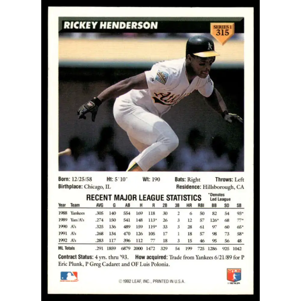 1993 Donruss #315 Rickey Henderson NM-MT Oakland Athletics Baseball Card - Baseball Card Single