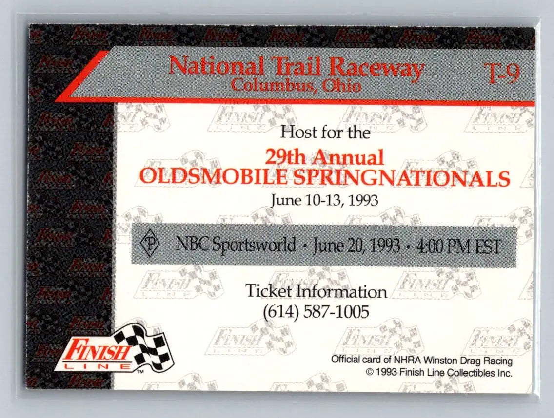 1993 Finish Line NHRA #T-9 National Trail Raceway Speedways - Racing Card Single
