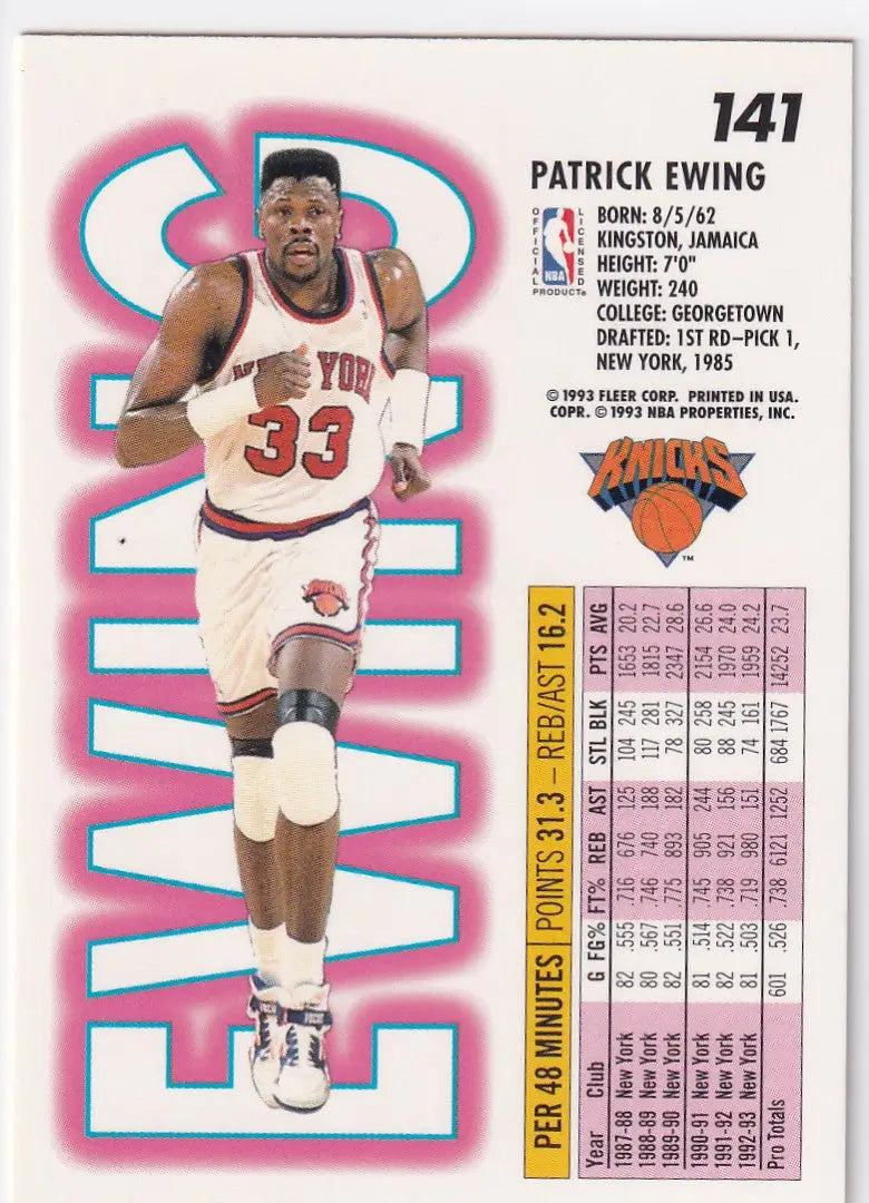 1993 FLEER #141 PATRICK EWING- NEW YORK KNICKS - Basketball Card Single