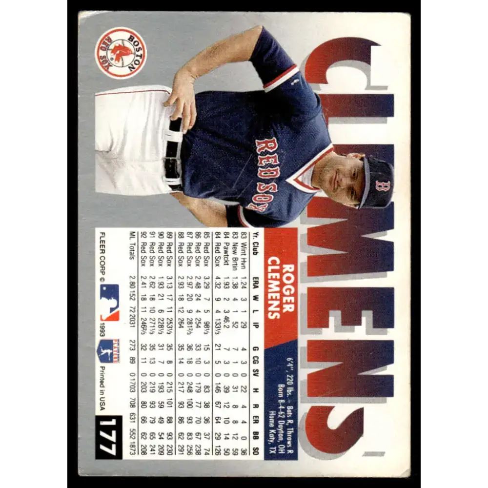 1993 Fleer #177 Roger Clemens EX/NM Boston Red Sox Baseball Card - Baseball Card Single