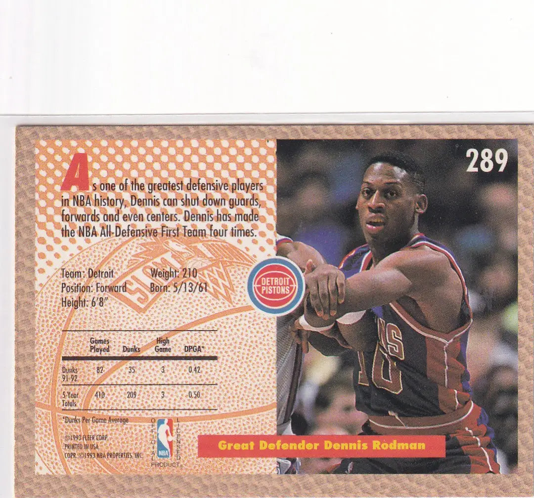 1993 FLEER #289 DENNIS RODMAN SLAM DUNK- DETROIT PISTONS - Basketball Card Single