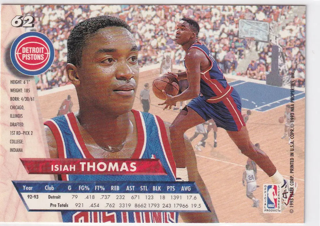 1993 FLEER #62 ISIAH THOMAS- DETROIT PISTONS - Basketball Card Single