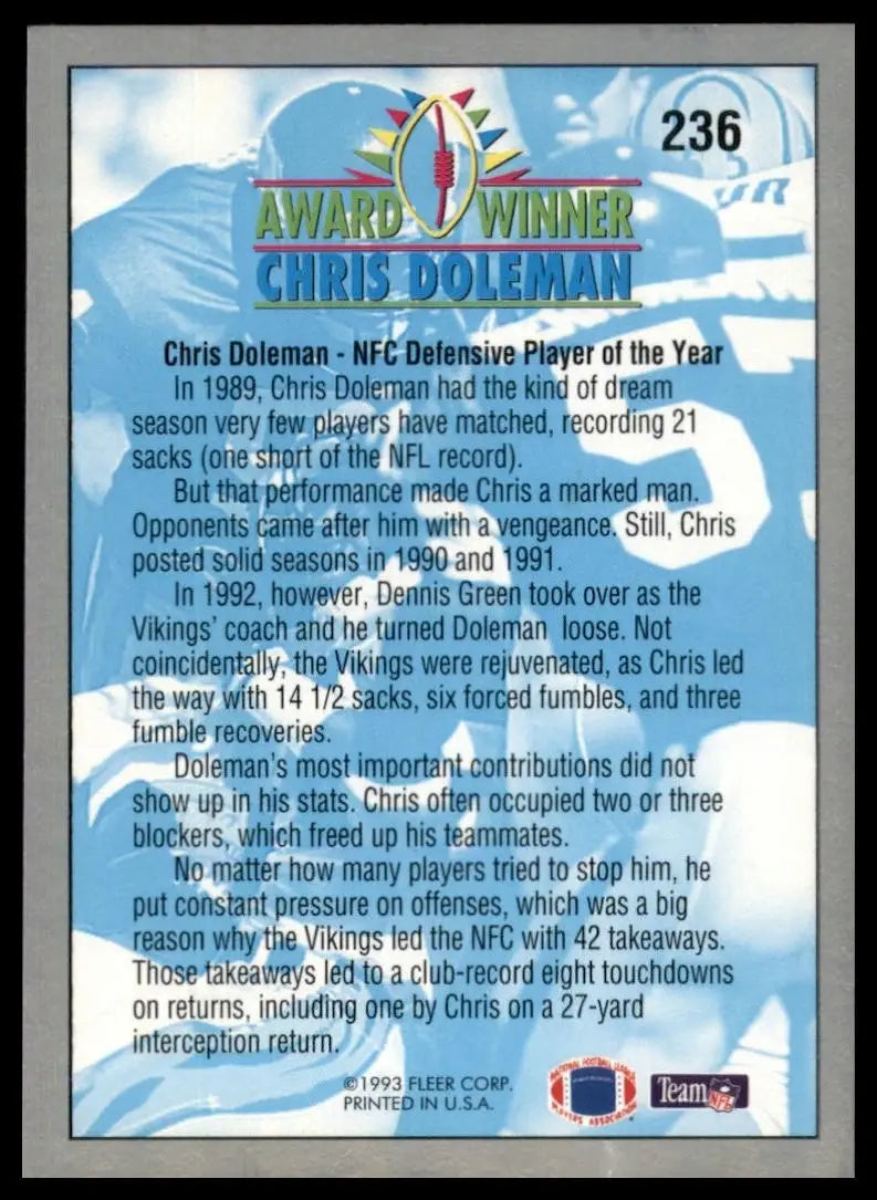 1993 Fleer Chris Doleman #236 Minnesota Vikings Football Card NFL Sports - Football Card Single