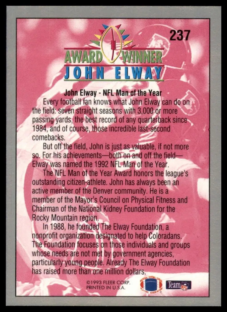 1993 Fleer John Elway #237 Denver Broncos Football Card NFL Sports - Football Card Single