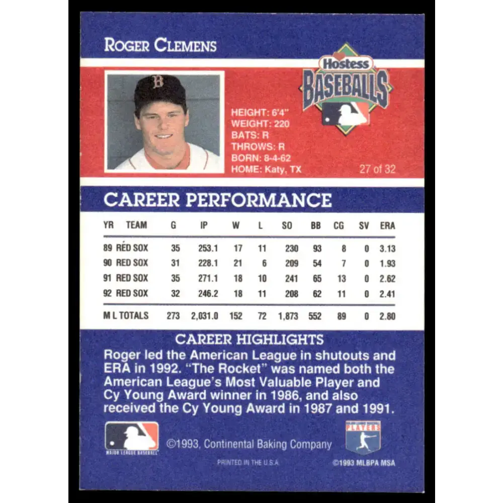 1993 Hostess #27 Roger Clemens EX/NM Boston Red Sox Baseball Card - Baseball Card Single