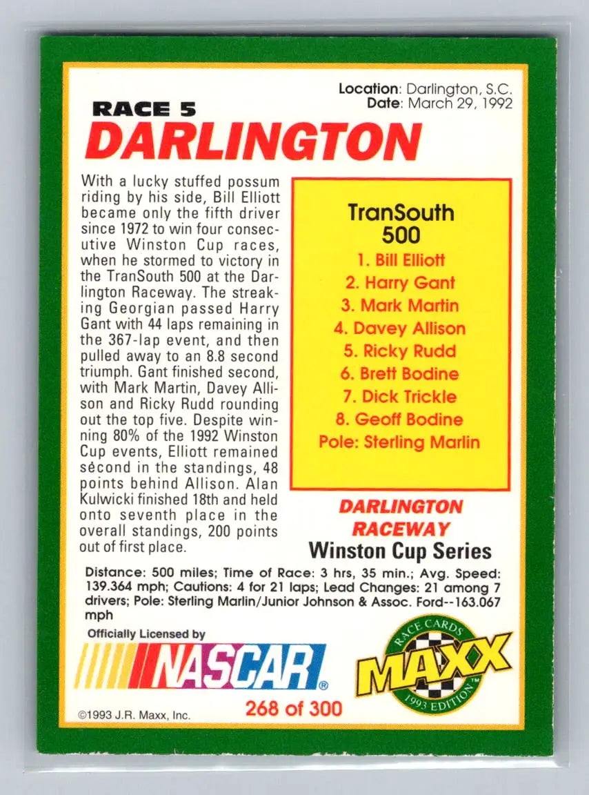 1993 Maxx #268 Race 5 Darlington Junior Johnson & Associates - Racing Card Single