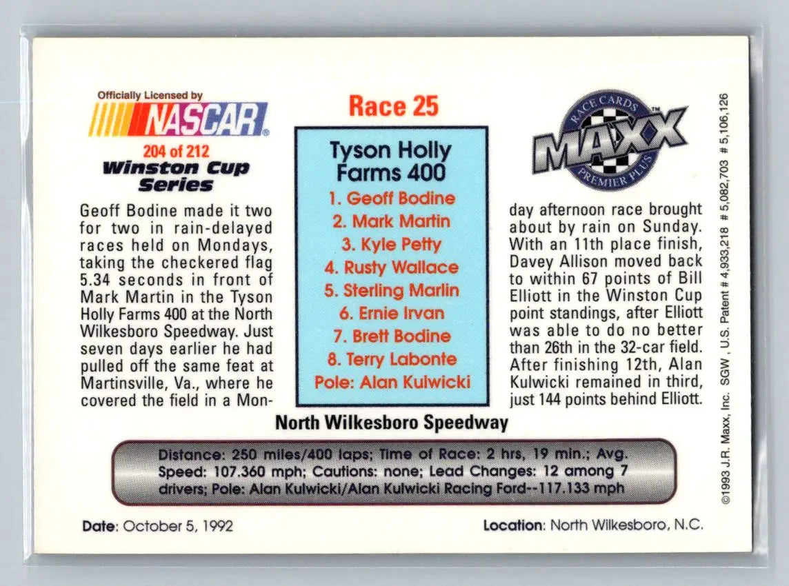 1993 Maxx Premier Plus #204 Geoff Bodine Bud Moore Engineering - Racing Card Single