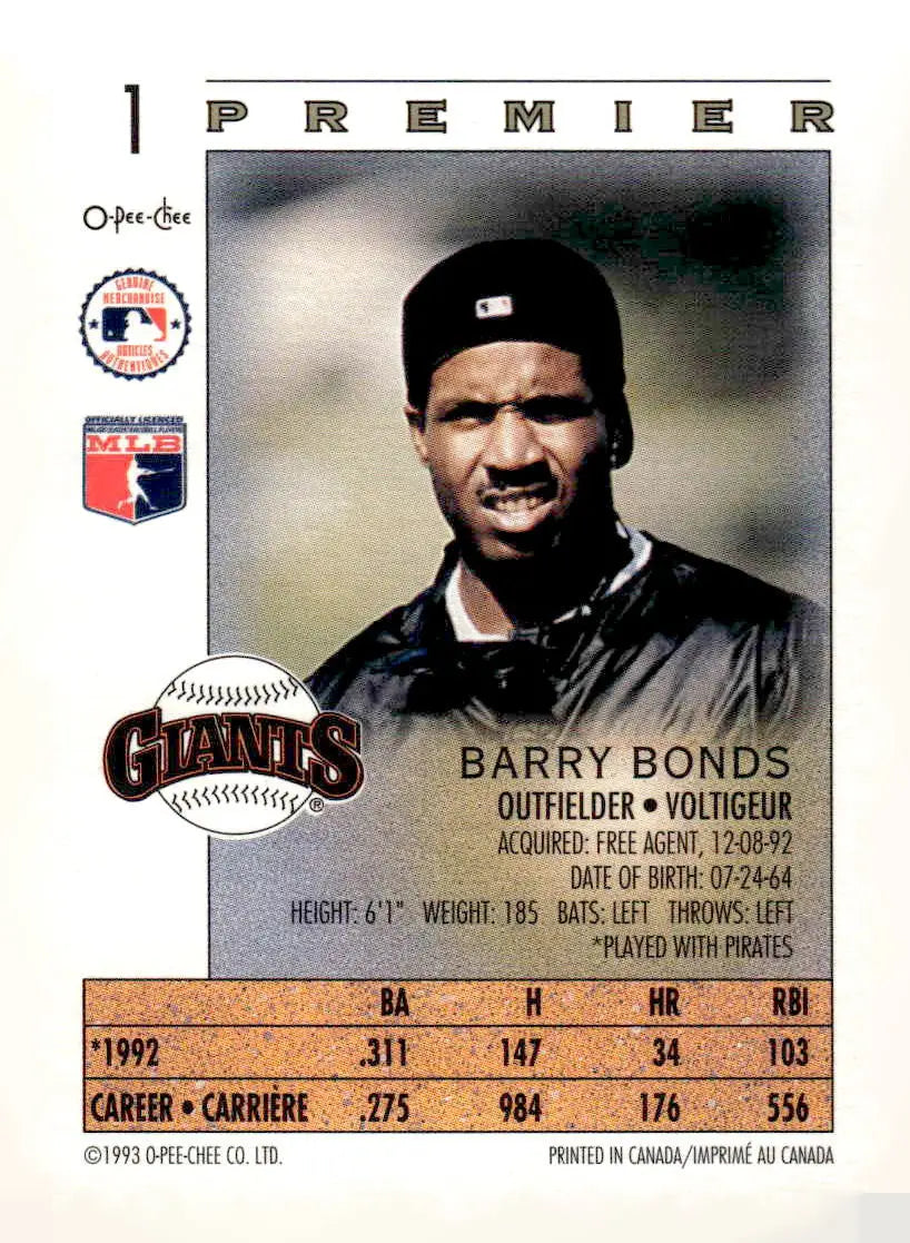 1993 O-Pee-Chee Premier #1 Barry Bonds - Baseball Card Single