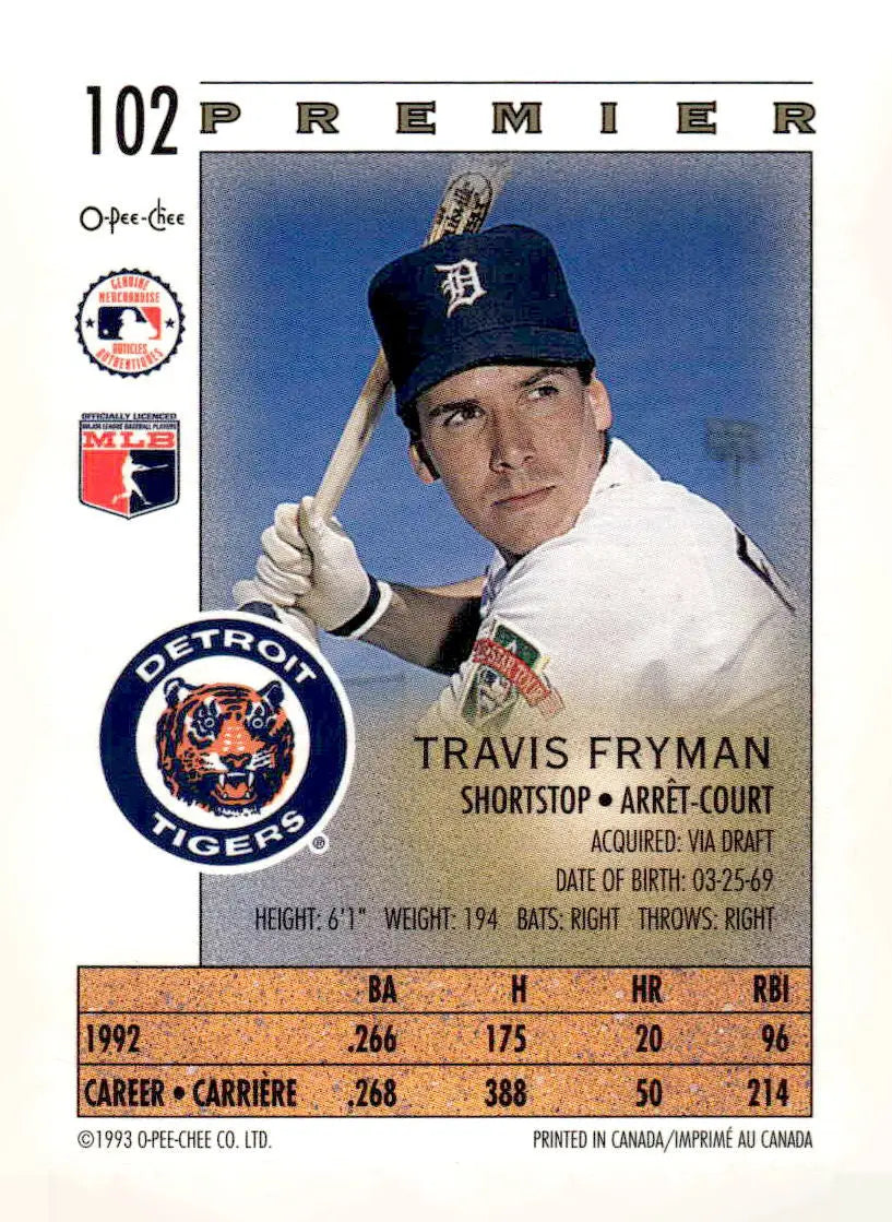1993 O-Pee-Chee Premier #102 Travis Fryman - Baseball Card Single