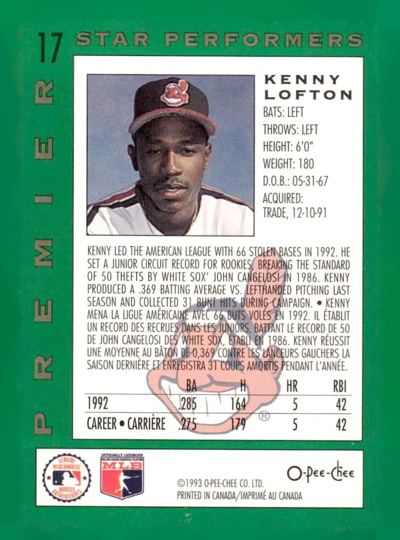 1993 O-Pee-Chee Premier #17 Kenny Lofton Pee-Chee Premier - Star Performers - Baseball Card Single