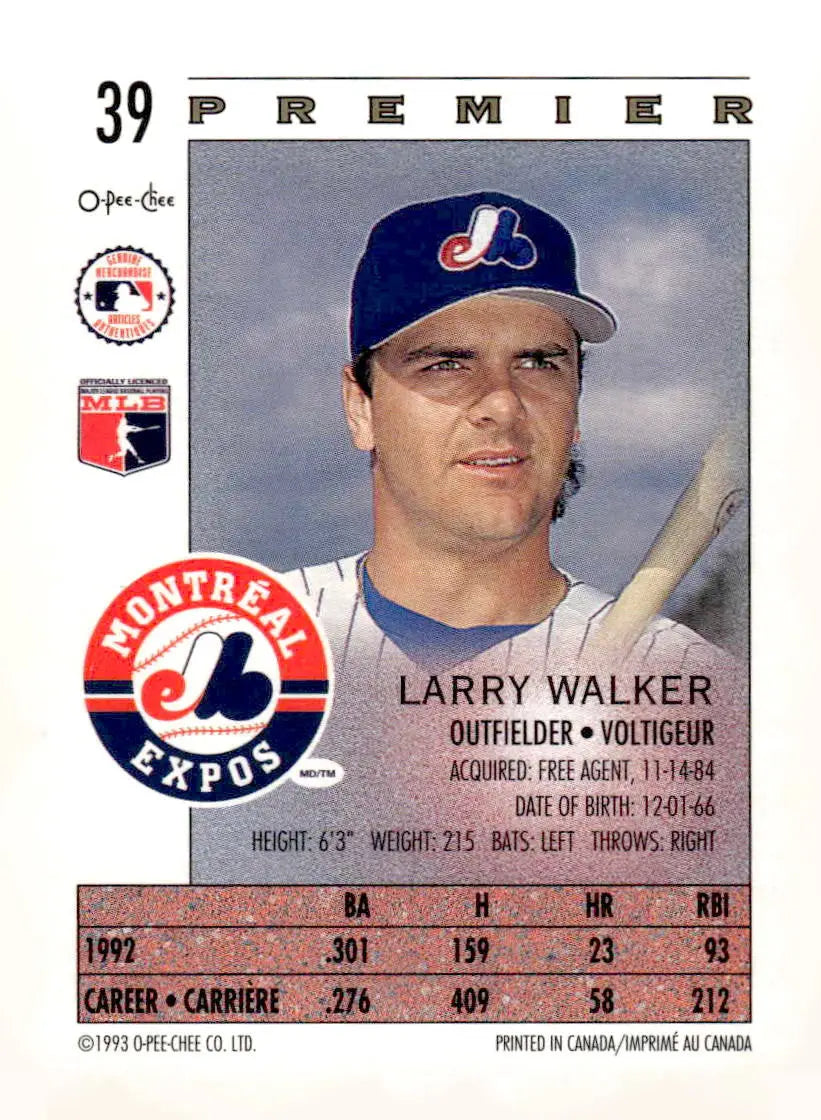 1993 O-Pee-Chee Premier #39 Larry Walker - Baseball Card Single