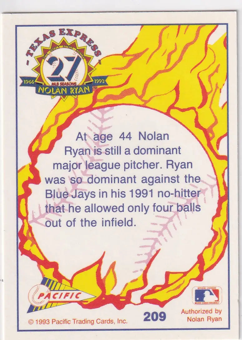 1993 PACIFIC #209 NOLAN RYAN STILL DOMINANT- TEXAS RANGERS - Baseball Card Single