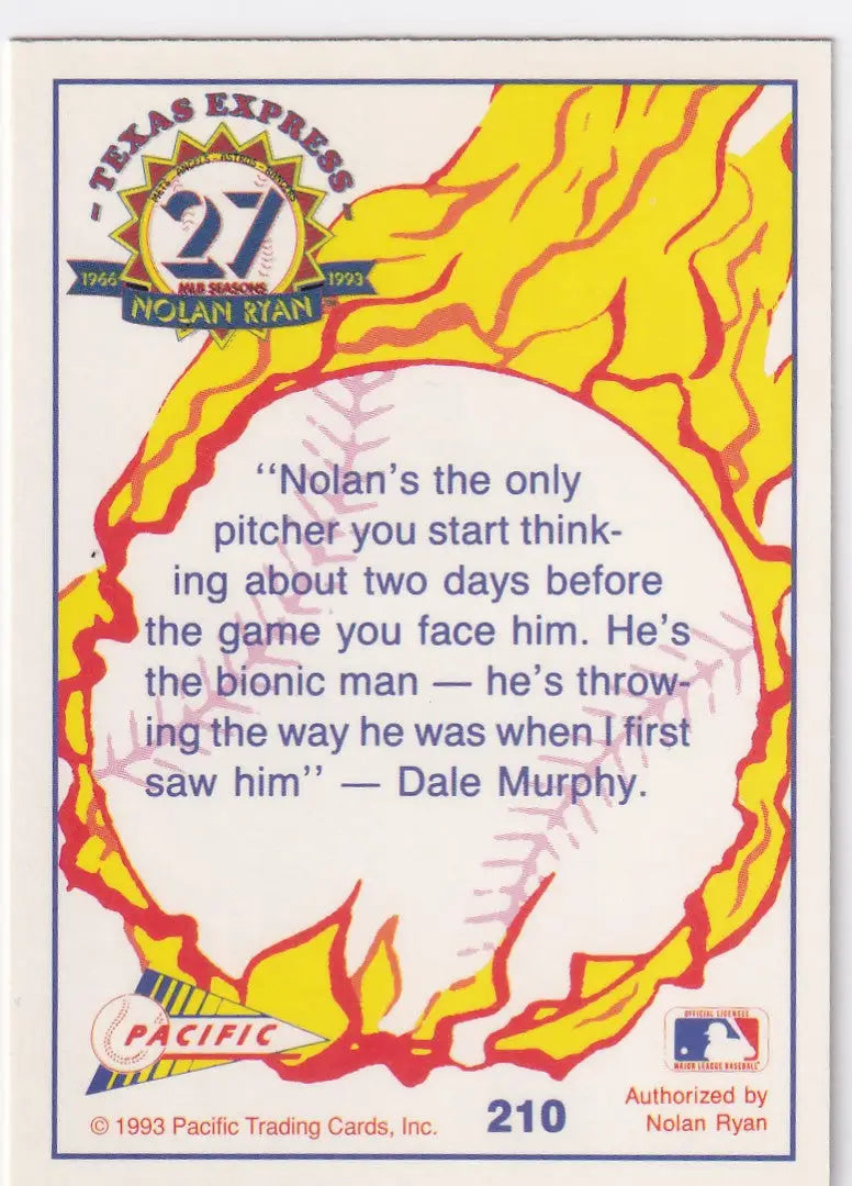 1993 PACIFIC #210 NOLAN RYAN FAST BALL IS A BLUR- TEXAS RANGERS - Baseball Card Single