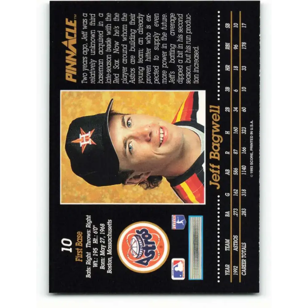 1993 Pinnacle #10 Jeff Bagwell NM-MT Houston Astros Baseball Card - Baseball Card Single