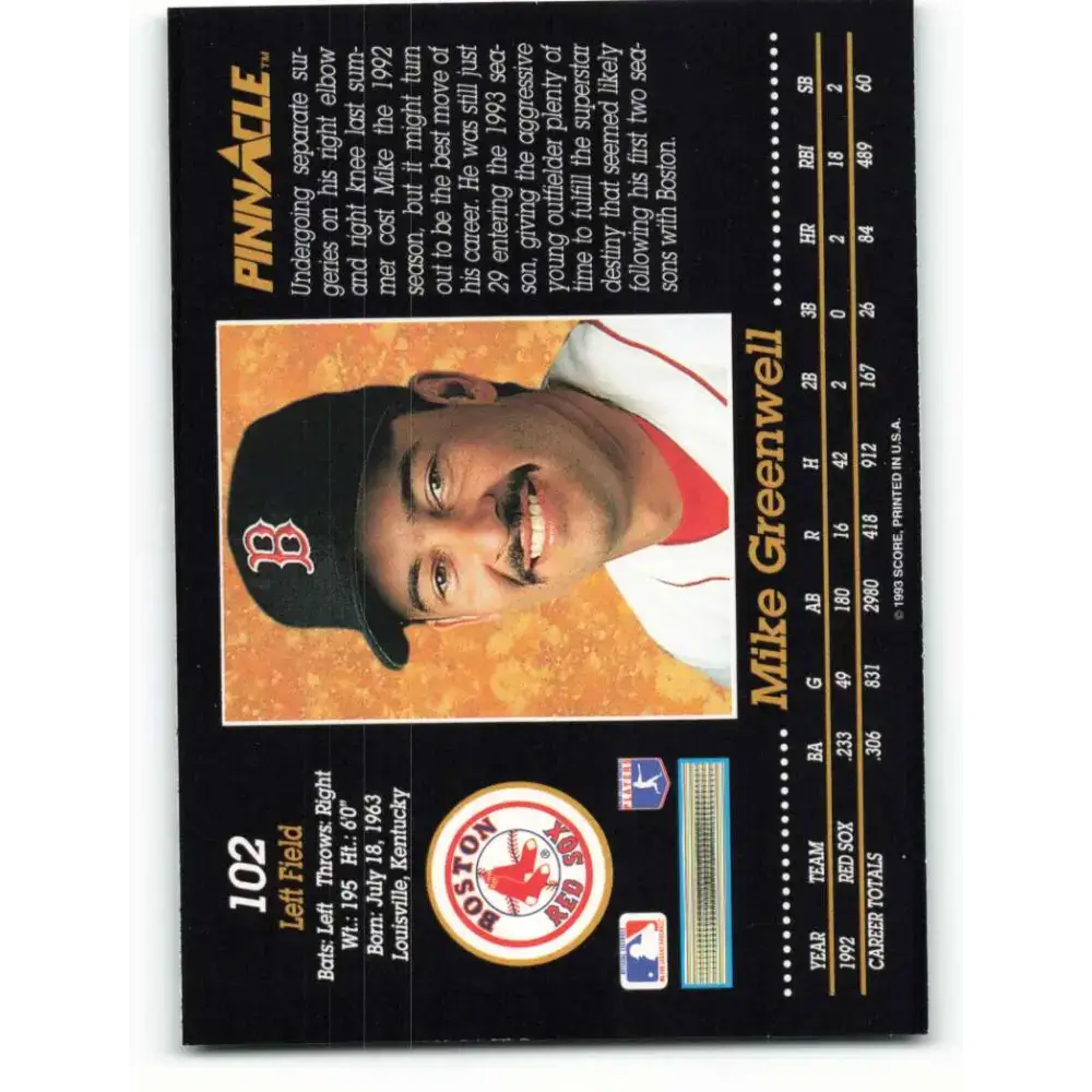 1993 Pinnacle #102 Mike Greenwell NM-MT Boston Red Sox Baseball Card - Baseball Card Single